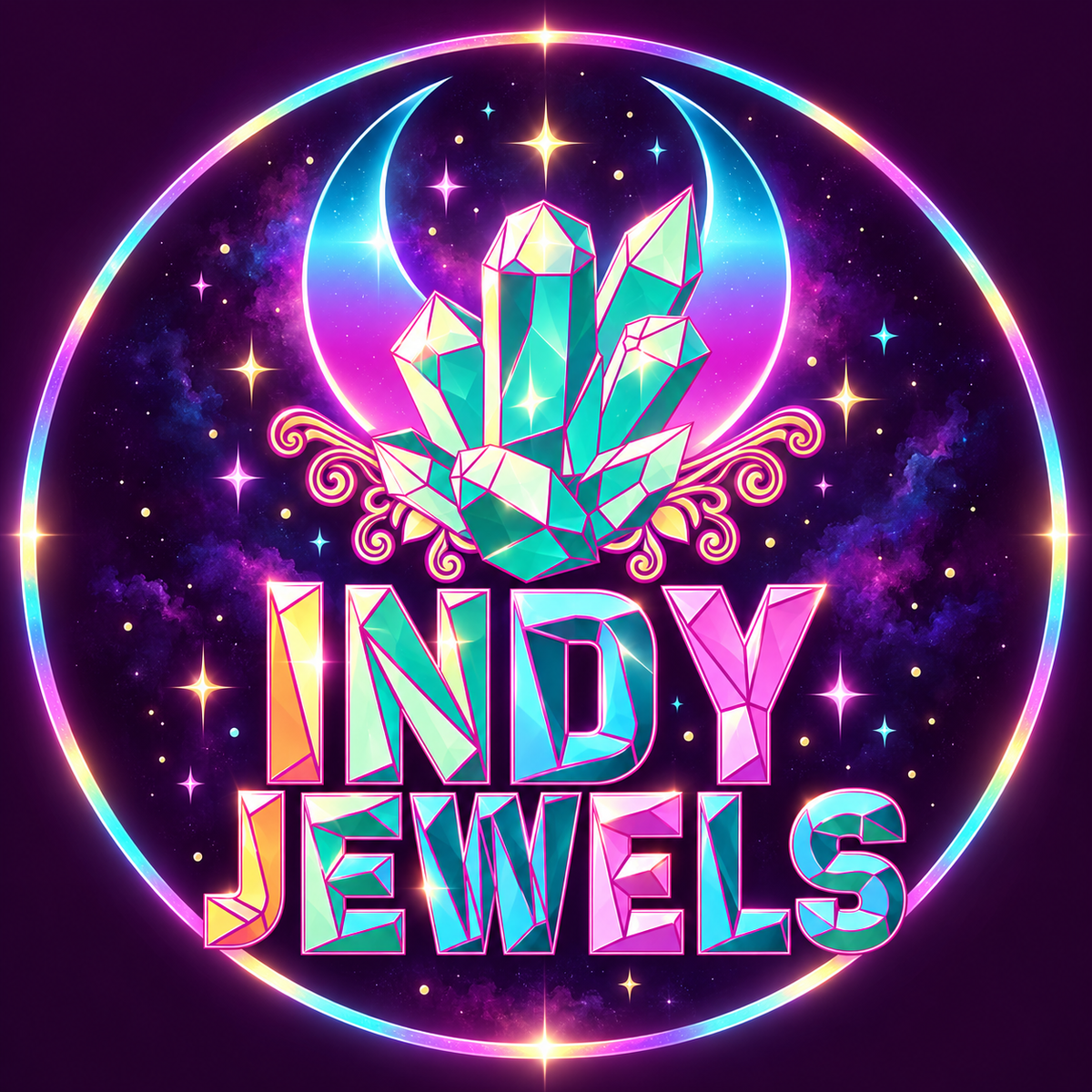 Indy Jewels celestial logo with glowing crystals, crescent moon and rainbow lettering